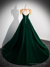 Dark Green Velvet Prom Dress Vintage Gold Beaded Neckline Evening Gown